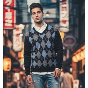 Travelsmith Men's Merino Wool Blend Argyle V Neck Sweater Size XXL Pullover Cozy